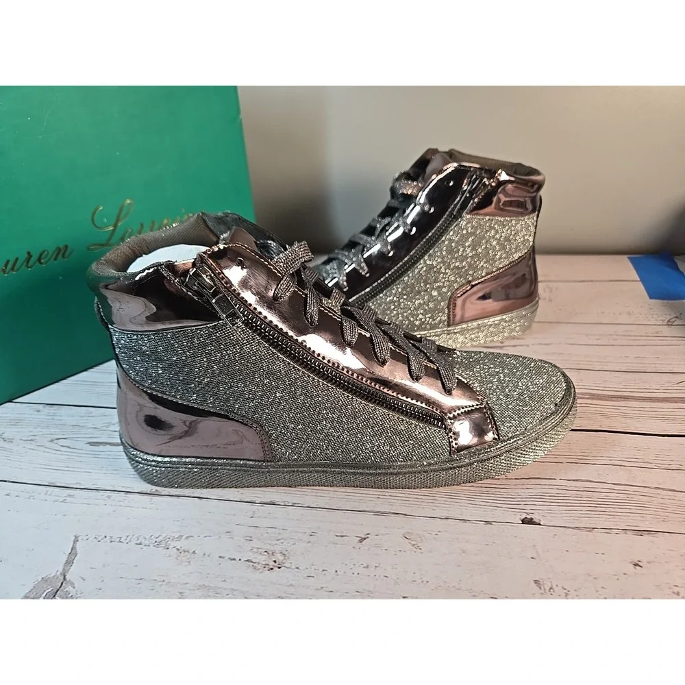 Lauren Lorraine Skippy Sz 10 Pewter High Top Sneaker Bling‎ Sparkle Fabulous